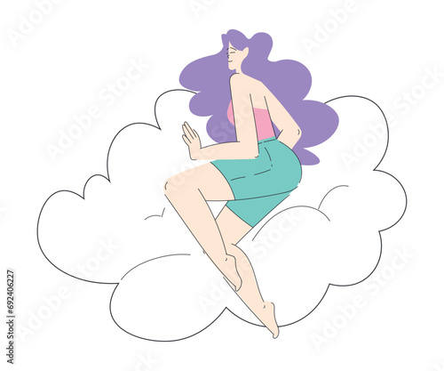 Dreaming Woman Character with Head in Cloud Having Fancy Imagination Vector Illustration