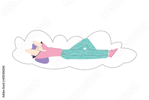 Dreaming Woman Character Lying on Cloud Having Fancy Imagination Vector Illustration