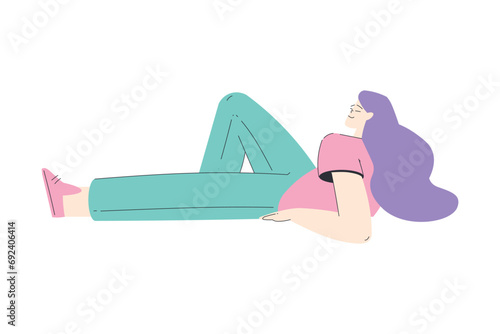 Dreaming Woman Character Lying on Cloud Having Fancy Imagination Vector Illustration
