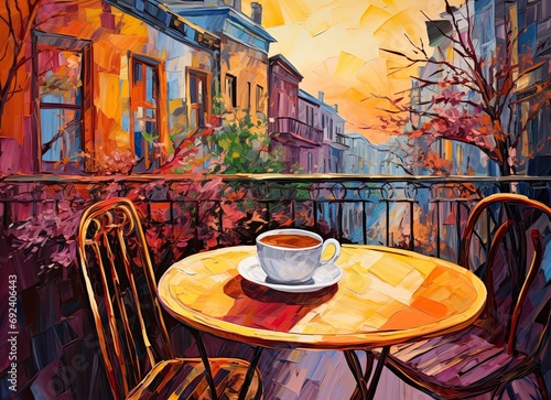 impressionism wall art poster, showcasing a coffee cup on a balcony table against the city's evolving hues photo