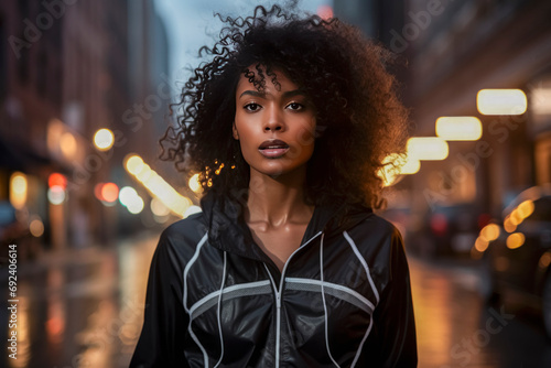 Elegant African American Female Revels in Urban Night. Selective focus