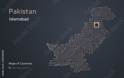 Pakistan Map with a capital of Islamabad Shown in a Microchip Pattern with processor. E-government. World Countries vector maps.