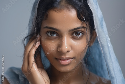 Young Indian woman enjoying the gentle touch of the rain. Selective focus