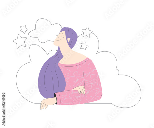 Dreaming Woman Character with Head in Cloud Having Fancy Imagination Vector Illustration