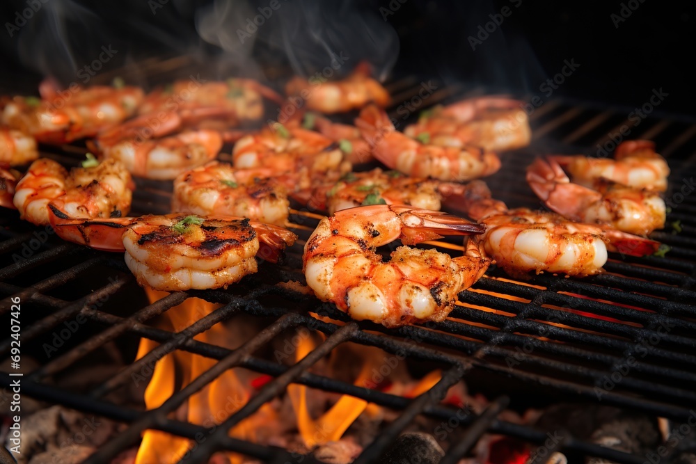 Roasted peeled shrimps on the grill
