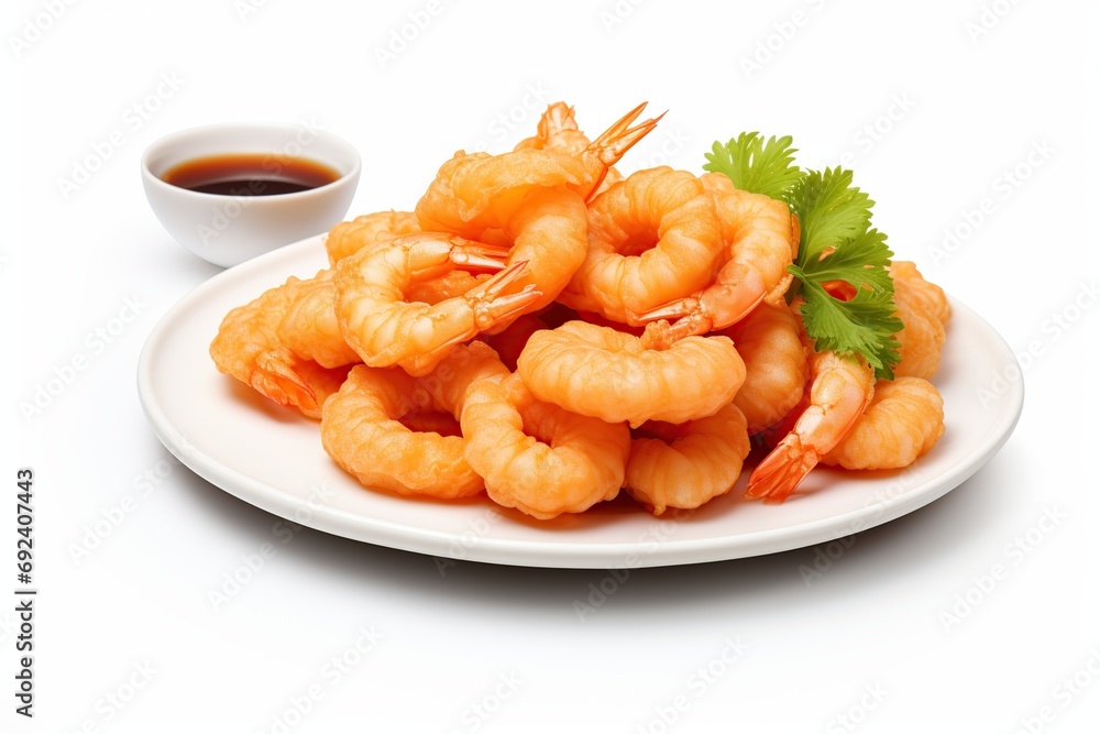 Fried shrimps tempura in plate on wooden table Fried shrimps tempura in plate on wooden table