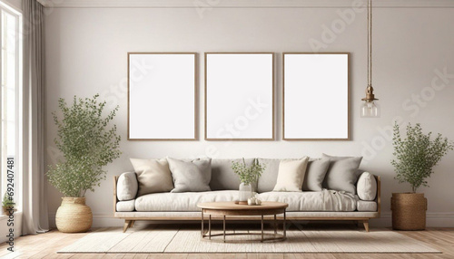 Frame-mockup-in-minimalist-decorated-interior-background,-3d-render photo
