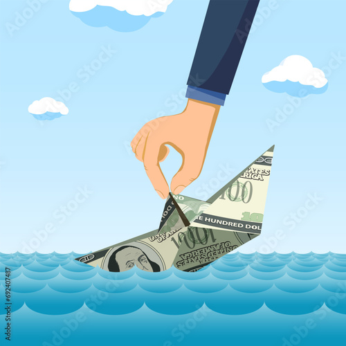 Hand holds a sinking paper boat made of paper dollars. Stock vector illustration