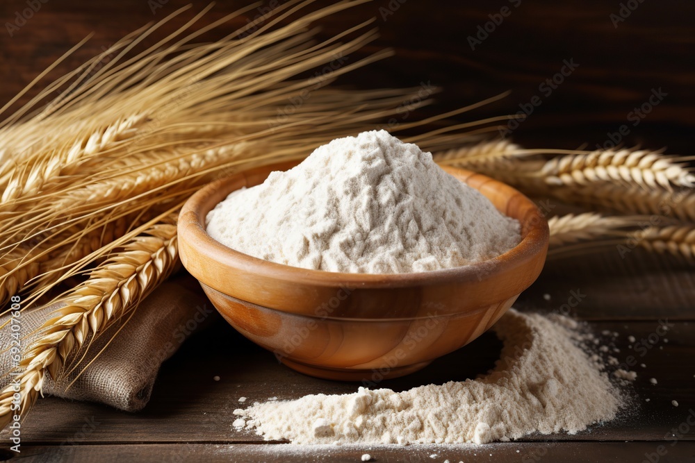 Flour in wooden bowl with wheat ears on table