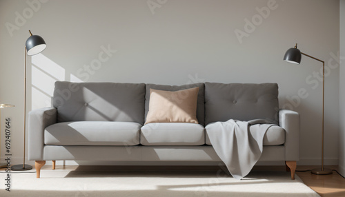 Gray sofa in simple living room interior.
