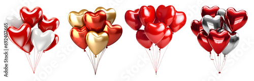 Collection set of heart love shape balloons in a bunch on transparent background cutout, PNG file. Mockup template artwork graphic design photo
