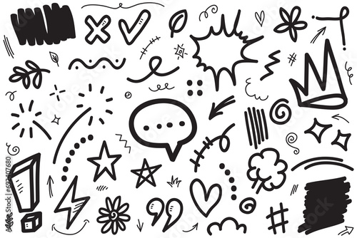 Vector set of hand-drawn cartoony expression sign doodle, curve directional arrows, emoticon effects design elements, cartoon character emotion symbols, cute decorative brush stroke lines. photo