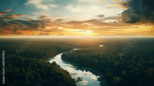 Beautiful green Amazon forest landscape at sunset. Adventure, explore, air dron view, vibe photo