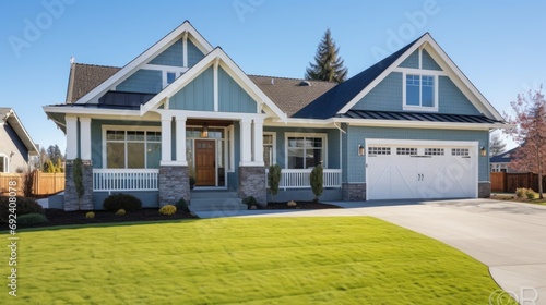 Beautiful new home exterior with two car garage and covered porch on sunny day photo