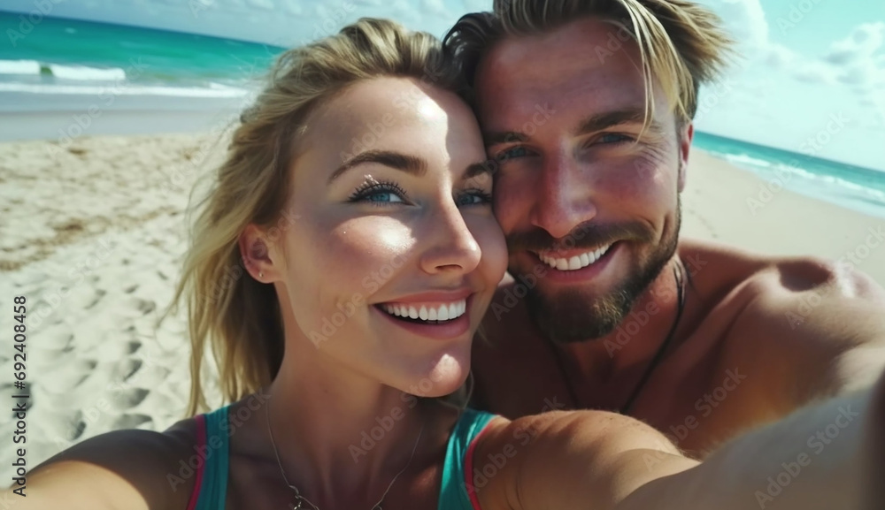 Fototapeta premium Attractive and young couple enjoying the day at the beach 