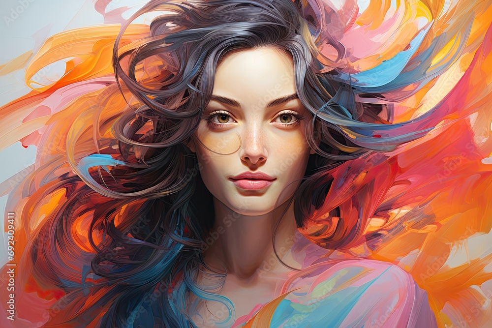 An ethereal and dreamlike portrayal where the brunette's portrait is enveloped in abstract shapes, evoking a captivating and otherworldly aura An ethereal and dreamlike portrayal where the brunette's portrait is enveloped in abstract shapes, evoking a captivating and otherworldly aura