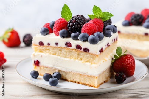 Piece of cake with berries on wooden background