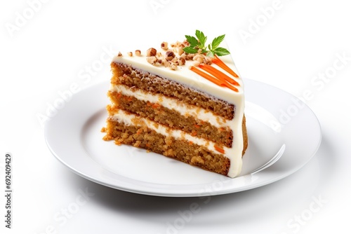 Piece of tasty carrot cake on white background