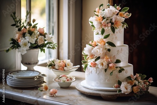 Three-tiered white wedding cake decorated with flowers on table
