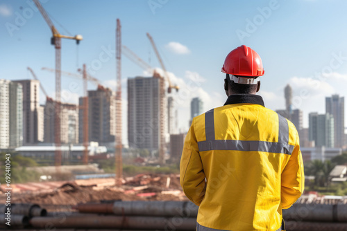 Builder on the background of a house with cranes