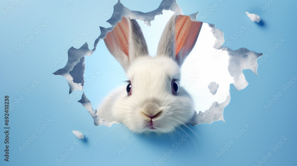 A white bunny with alert ears peers curiously through a jagged hole in paper, set against a clear blue background, creating a playful and imaginative Easter concept.