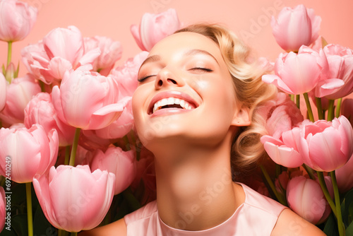 A young woman in pure bliss, laughing with her head thrown back, enveloped by a sea of delicate pink tulips.