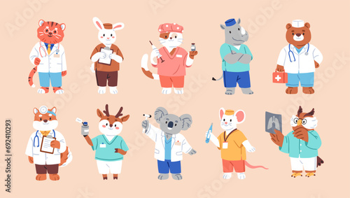 Cute animal doctors set. Funny medical characters. Hospital healthcare workers. Funny health care mascots in uniform, comic tiger, bear, rabbit, cat, mouse and owl. Isolated flat vector illustrations photo