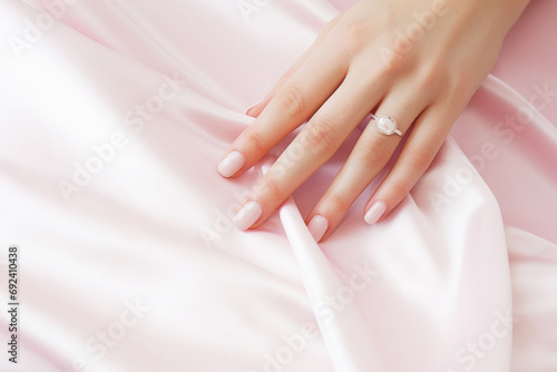 Hands of a young woman with beige nails on a pink background.
