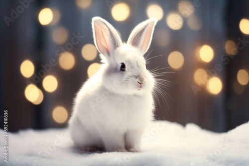 Cute white rabbit sitting in the white snow  twinkling holiday lights in the background  ai generative