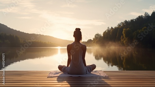 A quiet morning meditation by the lake. Young woman outdoors on bridge. Health and wellness spirit concept. A woman feels freedom. No stress, calm mind, relaxation
