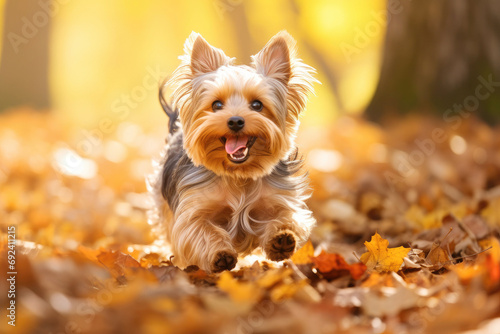 Happy pet dog puppy running in the leaves. © Maksymiv Iurii