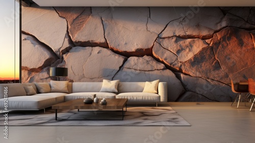 livingroom, fractured natural rock, cracks, floor to ceiling rock