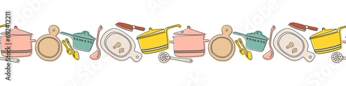 Seamless horizontal border with kitchen utensil. Vector illustration for menu and recipe decoration. Transparent background.