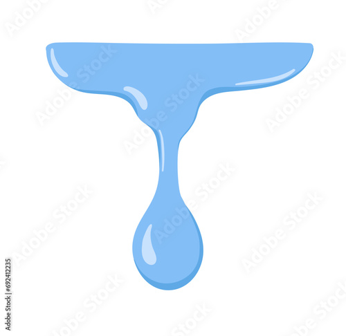 Water drop flowing, dripping down. Waterdrop falling. Blue clean liquid, fluid melting, leaking, running off. Pure clear aqua, design element. Flat vector illustration isolated on white background
