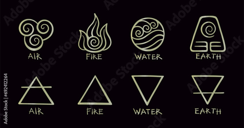 4 elements of nature. Vector golden icons for air, fire, water and earth isolated on black background