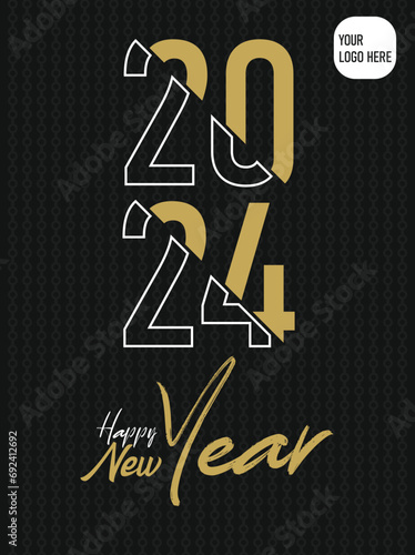 Happy new year 2024 square template, Greeting concept for 2024 new year celebration Golden and Black Color Banner