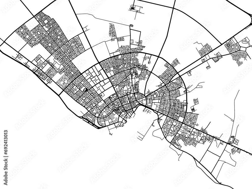 Vector road map of the city of Yanbu in the Kingdom of Saudi Arabia with black roads on a white background.