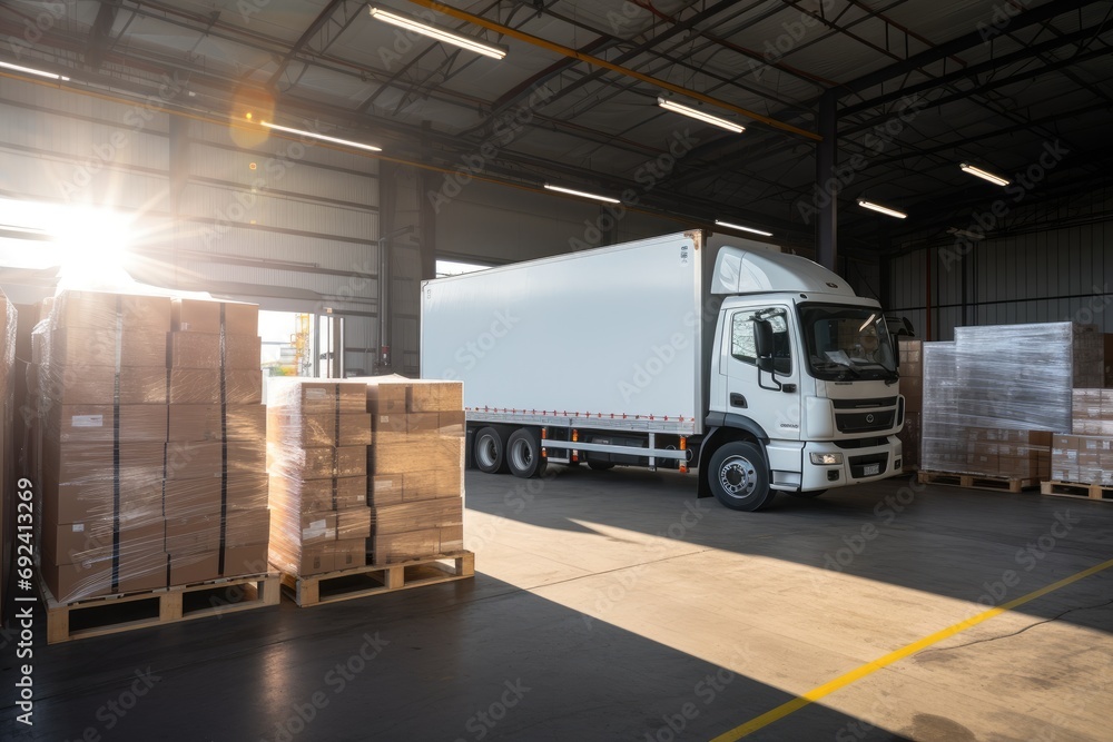 Sleek Delivery Vehicle in Warehouse, white truck, AI Generative