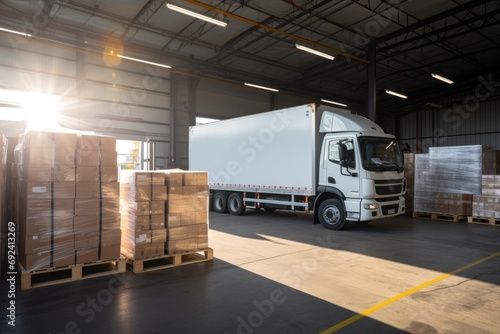 Sleek Delivery Vehicle in Warehouse, white truck, AI Generative photo