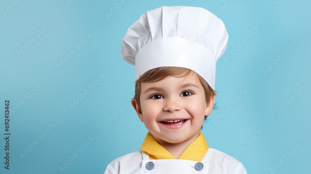 little boy 4-5 years old in a chef's hat on a colored background, space for advertising and text little boy 4-5 years old in a chef's hat on a colored background, space for advertising and text