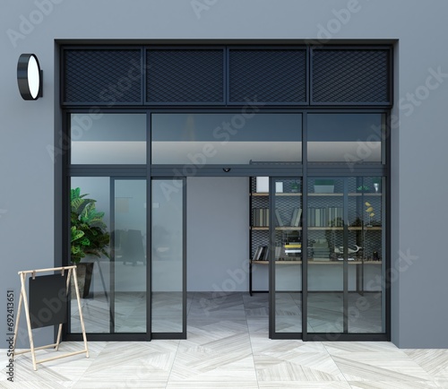 Automatic black sliding doors office facade mockup photo