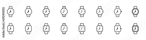 Wrist watch icon set. Wristwatch line icon. Round and square wrist watch set. Editable stroke. Vector illustration.