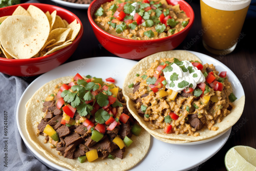 Mexican cuisine. Traditional mexican tacos with beef, tomato, onion and salsa. Mexican nachos Generative AI