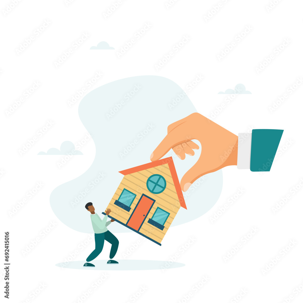 A bankrupt man fights to hold on to his house with a big legal hand, he is legally evicted, evicted and foreclosed on. Vector illustration.
A bankrupt man fights to hold on to his house with a big legal hand, he is legally evicted, evicted and foreclosed on. Vector illustration.