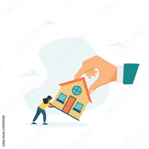 A bankrupt girl fights to hold on to her house with a big legal hand, it is legally evicted, evicted and foreclosed on. Vector illustration. 