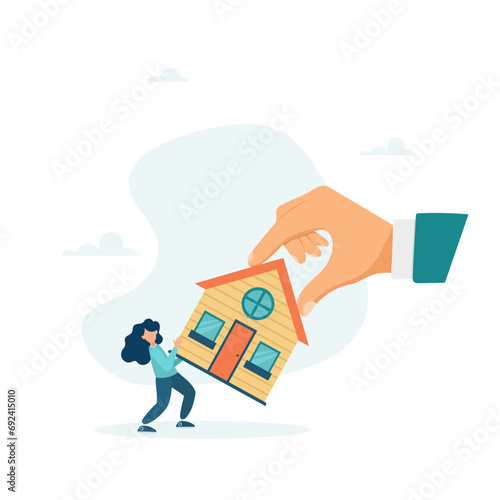 A bankrupt girl fights to hold on to her house with a big legal hand, it is legally evicted, evicted and foreclosed on. Vector illustration.
