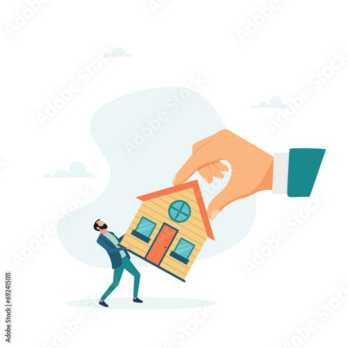 A bankrupt man fights to hold on to his house with a big legal hand, he is legally evicted, evicted and foreclosed on. Vector illustration.
