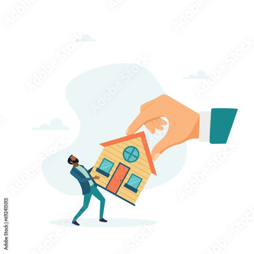 A bankrupt man fights to hold on to his house with a big legal hand, he is legally evicted, evicted and foreclosed on. Vector illustration.
