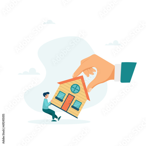 A bankrupt man fights to hold on to his house with a big legal hand, he is legally evicted, evicted and foreclosed on. Vector illustration.
