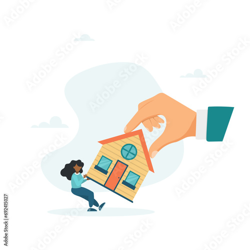 A bankrupt girl fights to hold on to her house with a big legal hand, it is legally evicted, evicted and foreclosed on. Vector illustration.
